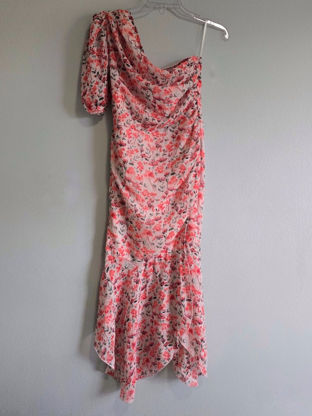 Shein Pink Red Formal Floral Midi Dress One Shoulder Chiffon Size S